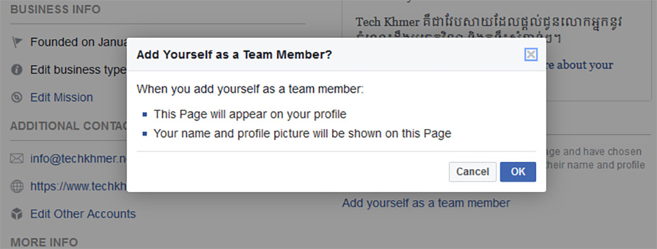 Team Member option for Facebook page