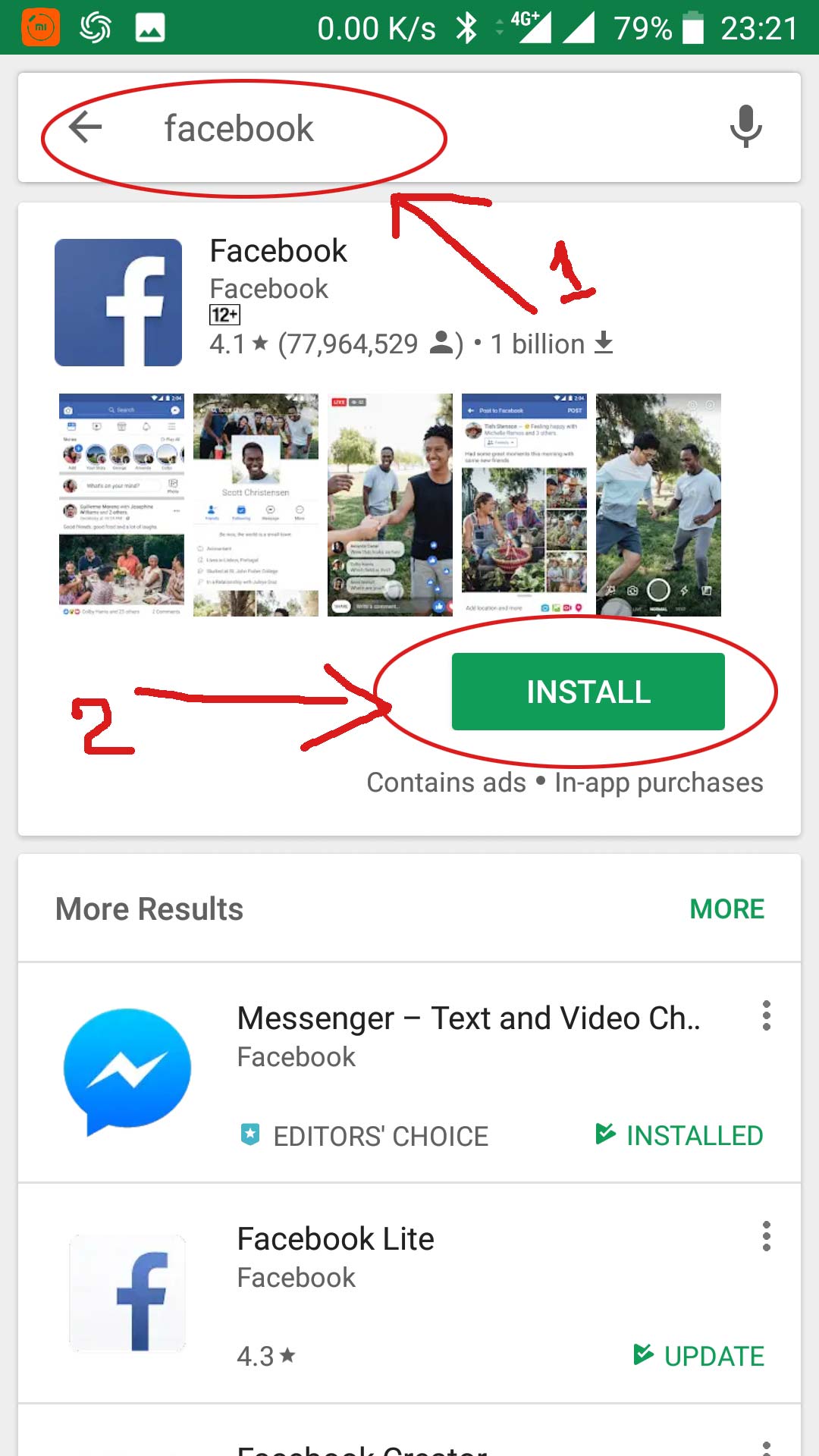 ស្វែងរក facebook app និង install កម្មវិធី