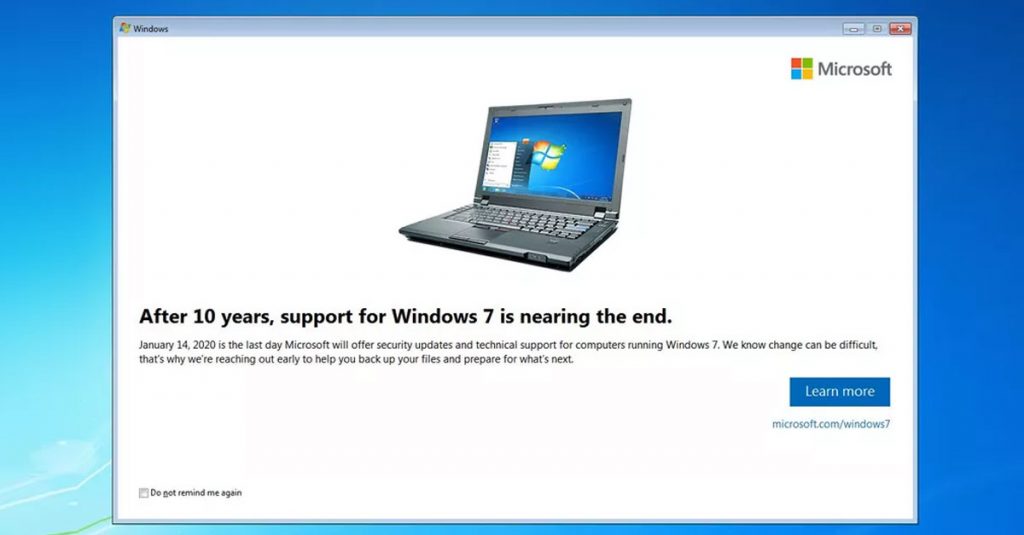 ផ្ទាំង​ជូន​ដំណឹង​របស់​ក្រុមហ៊ុន Microsoft អំពី​ថ្ងៃ​បញ្ចប់​ការ​គាំទ្រ​ប្រព័ន្ធ​ប្រតិបត្តិការ Windows 7។